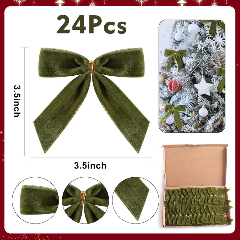 Utehilly 24 Pcs Olive Green Small Velvet Christmas Bows for Christmas Tree, Wreath, Gift Wrapping, Crafts, Wedding, Party, Twist Tie Bows for Treat Bag Bakery Candy Bags, Home Decor 1"W,3.5 x 3.5 inch - Image 2